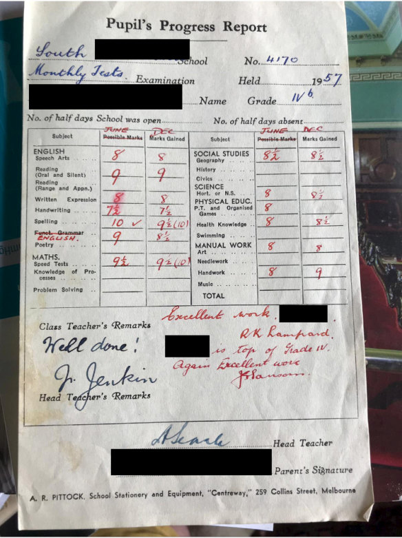 A report card from the 1950s.