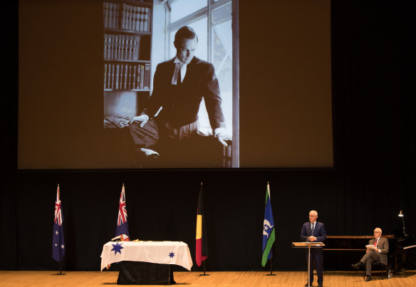 Prime Minister Malcolm Turnbull speaks at the State Funeral of Sir Laurence Street at the Sydney Opera House.