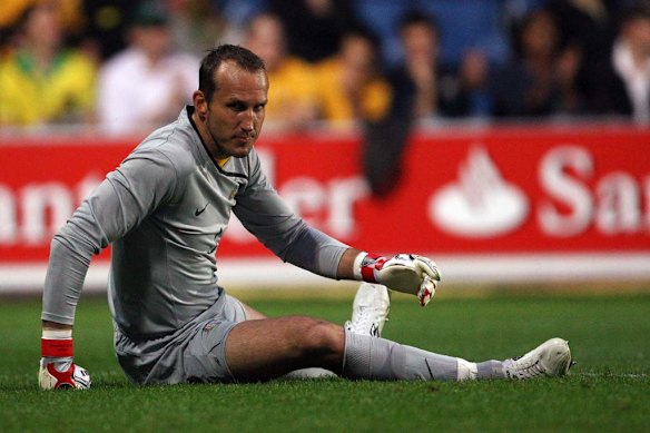 Mark Schwarzer looks on during a friendly against South Africa in 2008.