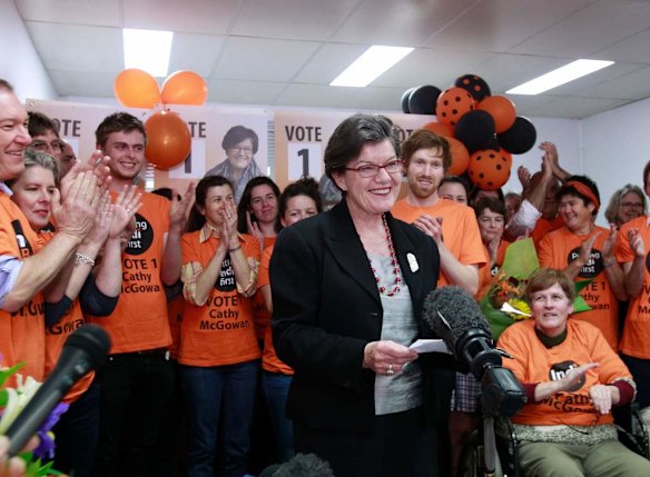 Cathy speaking at her press conference.