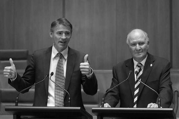 Independent MPs Rob Oakeshott L and Tony Windsor declared their support for a Gillard government during a press conference at Parliament House Canberra on Tuesday 7 2010.