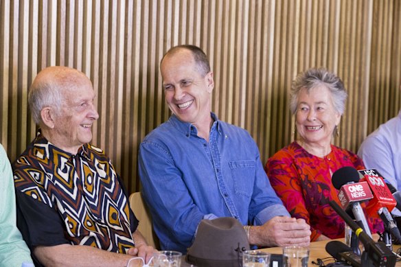 Australian journalist Peter Greste and parents Juris and Lois, at a press conference on February 5, 2015 in Brisbane, Australia.