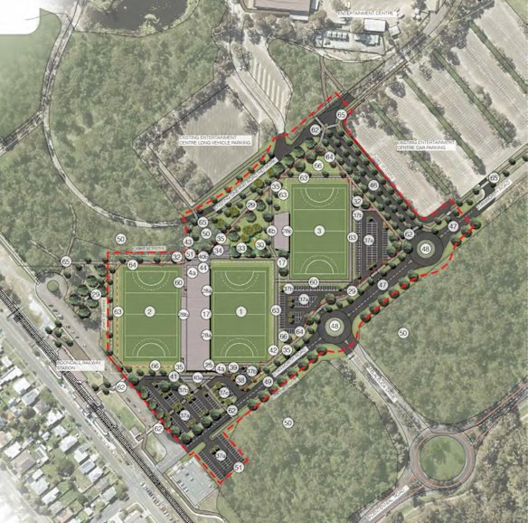 Hockey Queensland’s proposal for a new major venue on the Brisbane Entertainment Centre grounds at Boondall. Image taken from HQ’s Hockey Major Infrastructure Feasibility Study of January 2024.
