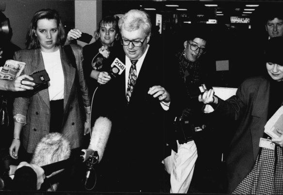 Senator Graham Richardson speaks to the press at Parliament House, Canberra on May 18, 1992