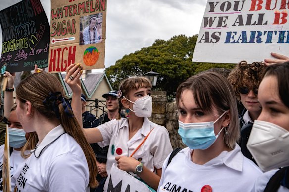Young people gathered in front of the Prime Minister's Kirribilli residence for the School Strike 4 Climate protest.