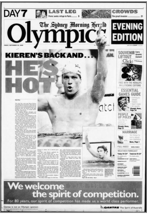 How the Herald reported Kieren Perkins' red-hot 1500m heat on September 22, 2000.