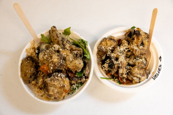 A nourish bowl and tempura mushrooms from the FunGuys.