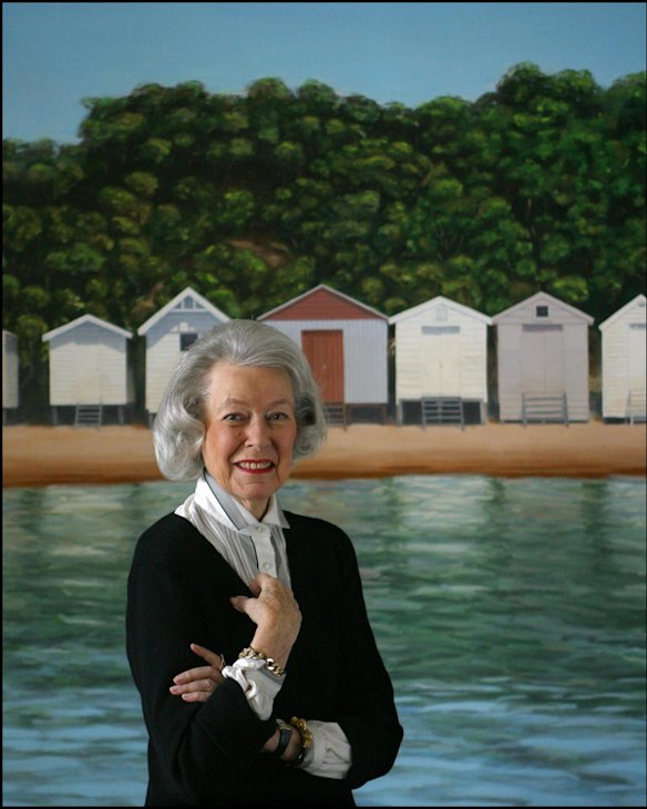 Sheila Scotter, Society Figure and former editor of Vogue Magazine  in front of a painting inside her apartment in Albert Park.