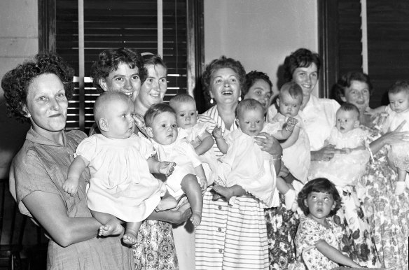Babies receive a new quadruple antigen vaccine for polio at Botany Town Hall, Sydney, 23 February 1961.