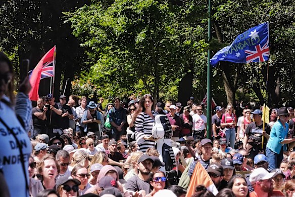 People protesting against the Pandemic Bill in Melbourne on Saturday 27 November 2021. 