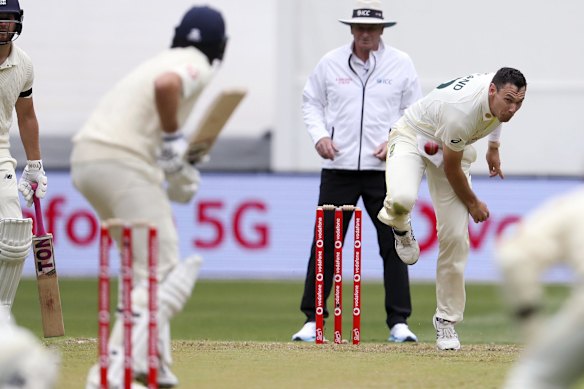 Australia's Scott Boland bowls to England's Joe Root. 