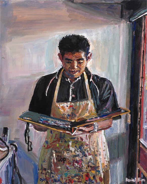 Archibald Prize 2023 finalist, Daniel Kim ’Self-portrait, holding memories, my mentor Greg Warburton.