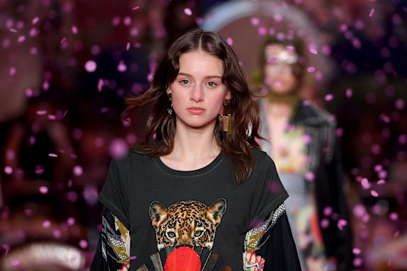 A model walks the runway wearing creations by Camilla at  Mercedes-Benz Fashion Week Australia in Sydney.