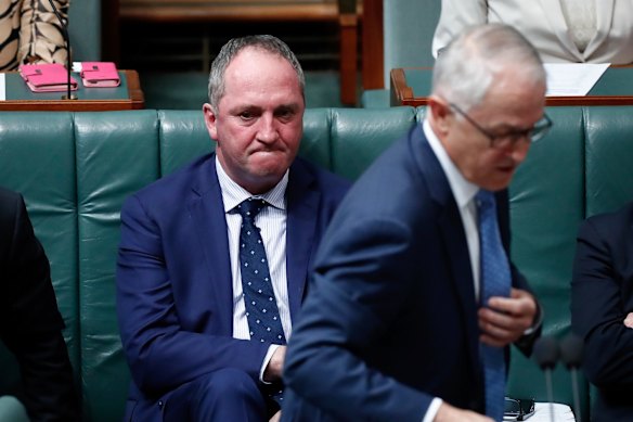 Prime Minister Malcolm Turnbull and Deputy Prime Minister Barnaby Joyce during Question Time at Parliament House in Canberra on Wednesday 25 October 2017. 