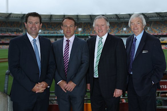 Mark Taylor, Michael Slater, Greg Chapell and Richie Benaud at the Gabba in 2012.