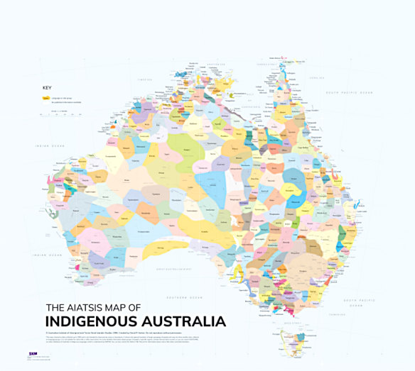 Australian Institute of Aboriginal and Torres Strait Islander Studies map shows Indigenous language, social or nation groups.