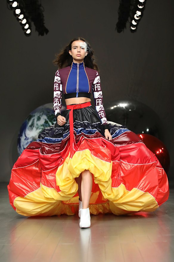 A model wears a creation by Fyodor Golan at the Autumn/Winter 2018 runway show in London.