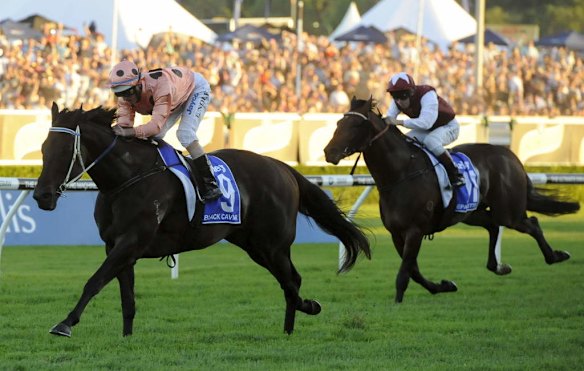 Black Caviar thunders to the front at Royal Randwick.