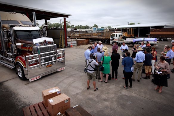 Premier Campbell Newman speaks to the media at the Emerald Carrying Company in Emerald. 
