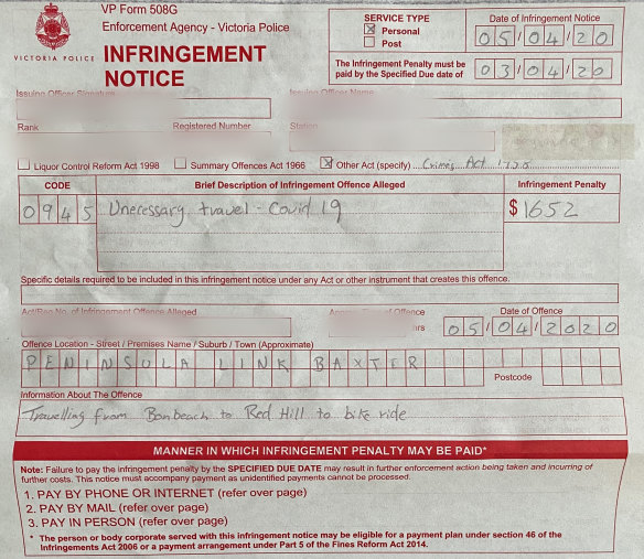 Pat Riordan was fined while driving his ute with a mountain bike in the back, 15 minutes from his home.