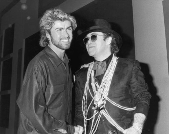 Old friends: Elton John with George Michael in 1985, both defining the decades with their music and outrageous fashion.