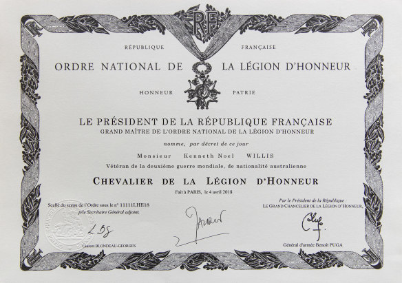 A diploma awarding Canberra man Ken Willis the Legion of Honour medal, France's highest military honour.