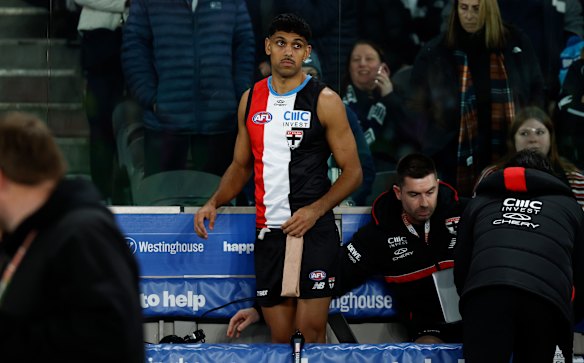 No good: Nasiah Wanganeen-Milera on the bench after his hamstring injury.