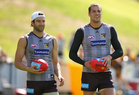 Jordan Lewis and Lance Franklin of the Hawks have shots for goal during a Hawthorn Hawks AFL training session at Waverley Park.