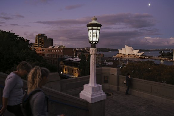 Sydney Harbour at dusk from above the Bridge Stairs - a southern pedestrian access point to the Sydney Harbour Bridge and Cahill Expressway. 