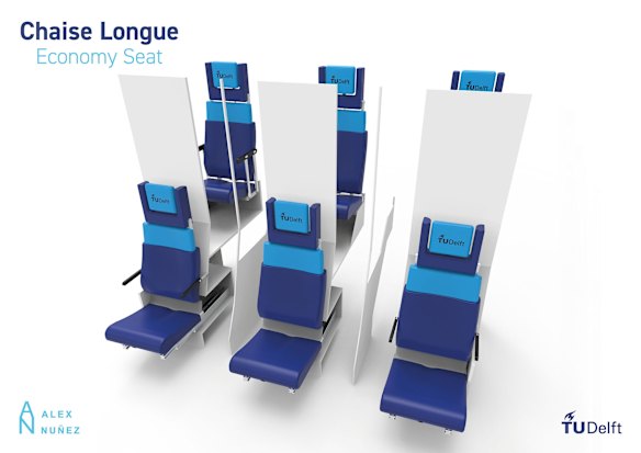 "Through the use of the vertical space, the seat design provides passengers with bigger recline angles, more leg room and more overall space within the 32-inch (81 cm) seat pitch, while supporting a wide range of different body postures."