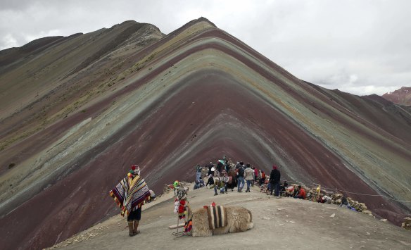 An Andean man rests with his llama while tourists take in the natural wonder of Rainbow Mountain in Pitumarca, Peru. 