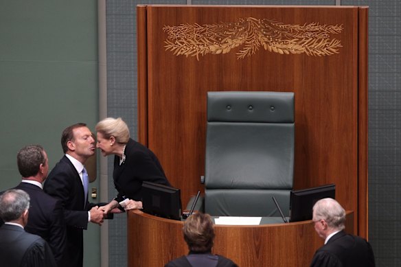 Prime Minister Tony Abbott congratulates the new Speaker of the House, Bronwyn Bishop, in the house of Representatives at Parlaiment House in Canberra on Tuesday 12th of November,  2013. 