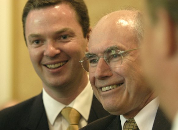 Prime minister John Howard arrives with Christopher Pyne, Liberal for Sturt at the Radisson Playford Hotel. Monday 15th March 2004. 