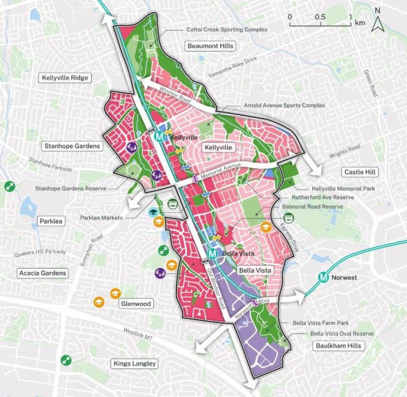 The proposal concentrates new capacity on the western side, in Stanhope Gardens and Glenwood, but predicts most growth for the next 15 years will happen on the eastern side, in Kellyville and Bella Vista.