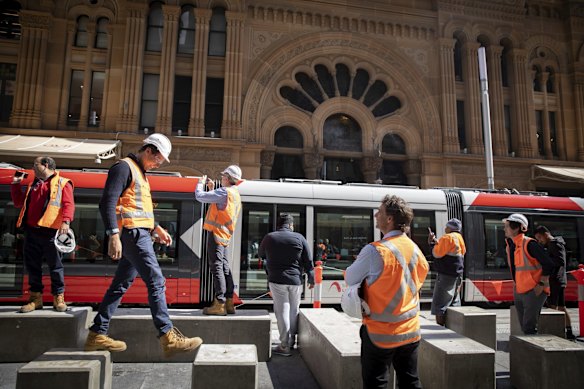 The Sydney Light Rail travels down George Street Sydney during daylight hours for the first time. 