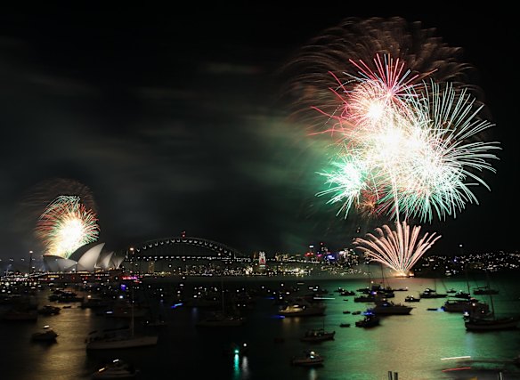 The 9pm New Year's Eve fireworks on Sydney Harbour, viewed from Mrs Macquarie's Chair.