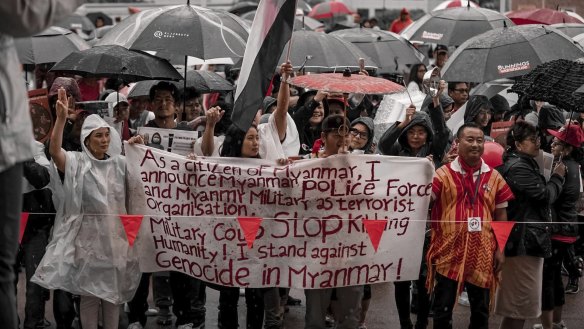 Some protestors accussed the Myanmar military of being terroists. 