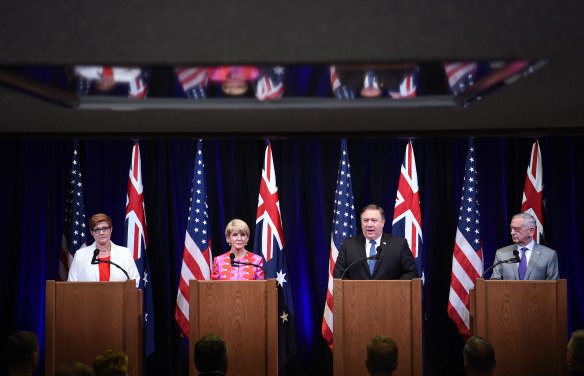 Julie Bishop, second left, and James Mattis, far right, with Marise Payne and Mike Pompeo at the Australia-US Ministerial meeting in California in July.
