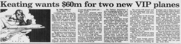 Tony Wright’s front-page story on Paul Keating’s jet plans in <i>The Sydney Morning Herald</i>, June 16, 1993.