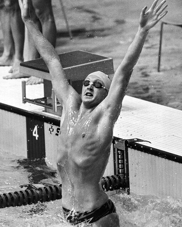Neil Brooks after swimming the Mean Machine’s final leg and winning gold in the 4x100m relay at the Moscow Olympics in 1980.