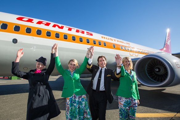 John Travolta was on hand as Qantas took delivery of the seventies themed aircraft.