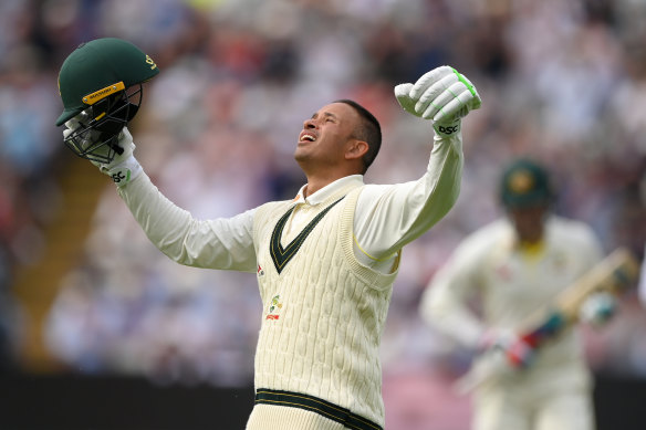 Khawaja celebrates his century on day two of the Ashes Test against England.