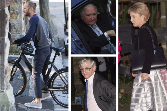 Clockwise from left: Host Justin Hemmes arrives ahead of the $3300-a-head function on his bike before the arrivals of former NSW premier Nick Greiner, Small Business Minister Michaelia Cash and Seven West executive Bruce McWilliam.