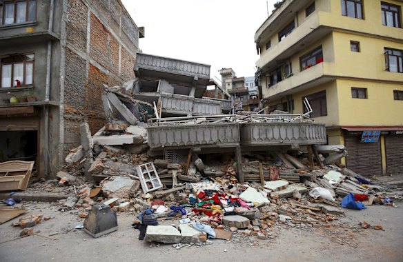 A collapsed building is pictured after an earthquake hit, in Kathmandu, Nepal.