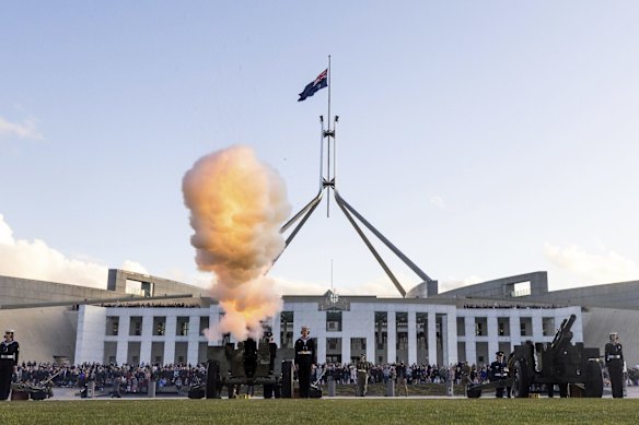 A 96 gun salute to mark the death of Her Majesty the Queen, Elizabeth II, at the Parliament House forecourt, in Canberra.
