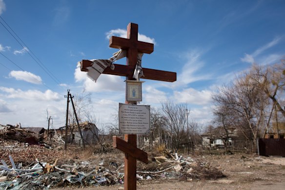 A view of the town square which got destroyed in Byshiv, Ukraine.