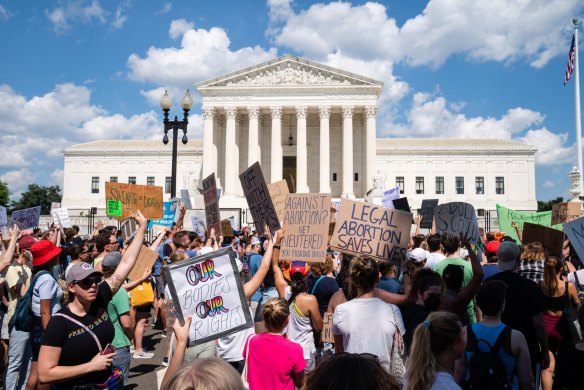 Abortion rights demonstrators chant outside the US Supreme Court in Washington DC on Saturday June 25, 2022. 