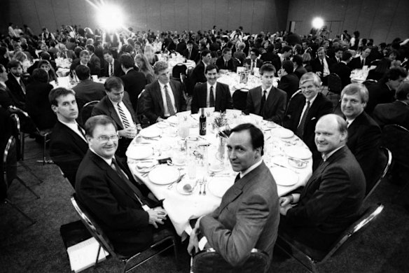 Paul Keating, Collingwood member 6593, at the club dinner in 1990. Clockwise from the treasurer's left are the club president, Mr Alan McAllister, Mr Keating's press secretary, Mr Mark Ryan, the club general manager, Mr Bob Petrie, Mr Michael Christian, Mr Lindsay Ilton, Mr Michael McAllister, Mr Graeme Willersdorf, Mr Pat Stone and Mr Campbell McComas.