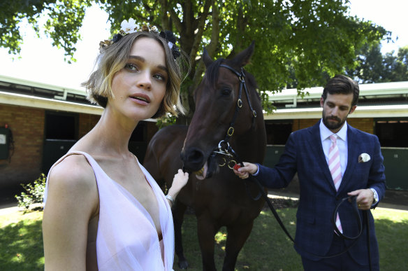 Longines Golden Slipper ambassadors Rosie Tupper and her husband Sam Margin with the horse Snippetsland at Snowden Racing stables in Randwick. 