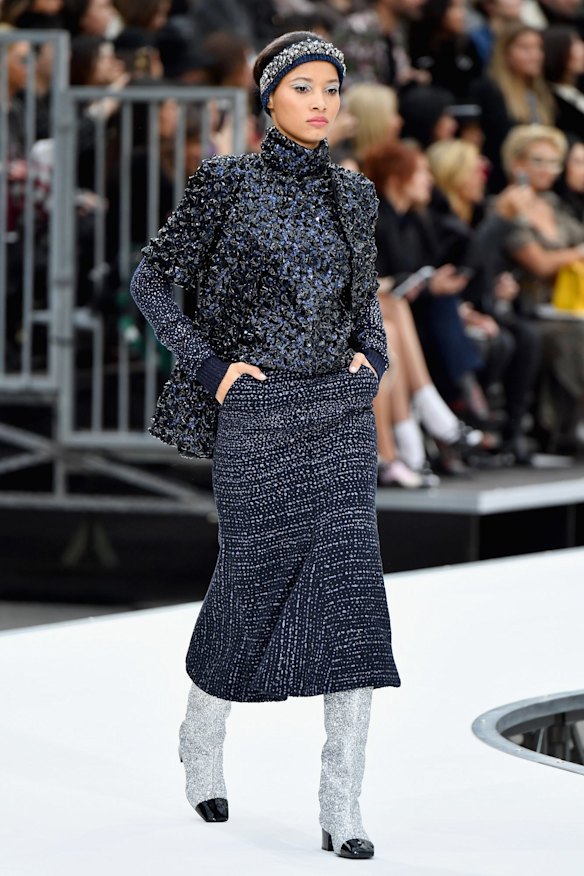 Model walks the runway during the Chanel show.